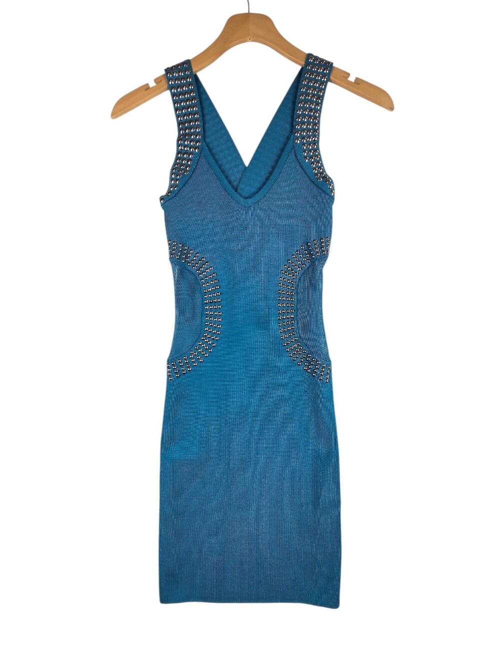 Bebe Teal Blue Studded V-Neck Midi Bodycon Dress
